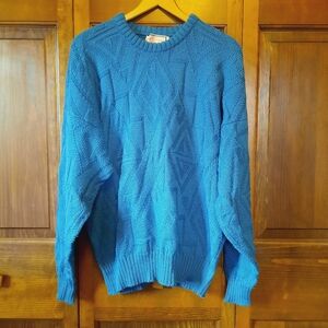 Vintage Alan Paine 80s/90s 100% Wool Teal Blue Geometric Knit Grandpa Sweater